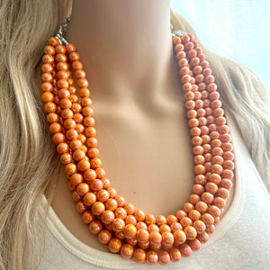 Chunky Multi 5 Strand Statement Necklace, orange peel beaded jewelry, shiny orange jewelry, chunky bib metallic ball beads