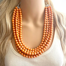 Load image into Gallery viewer, Chunky Multi 5 Strand Statement Necklace, orange peel beaded jewelry, shiny orange jewelry, chunky bib metallic ball beads