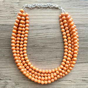 Chunky Multi 5 Strand Statement Necklace, orange peel beaded jewelry, shiny orange jewelry, chunky bib metallic ball beads