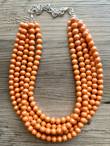 Chunky Multi 5 Strand Statement Necklace, orange peel beaded jewelry, shiny orange jewelry, chunky bib metallic ball beads