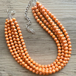 Chunky Multi 5 Strand Statement Necklace, orange peel beaded jewelry, shiny orange jewelry, chunky bib metallic ball beads