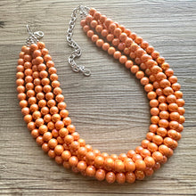 Load image into Gallery viewer, Chunky Multi 5 Strand Statement Necklace, orange peel beaded jewelry, shiny orange jewelry, chunky bib metallic ball beads