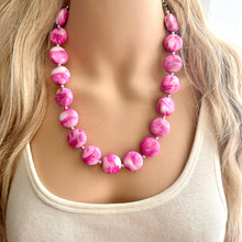 Load image into Gallery viewer, Perfect Pink Swirls Statement Necklace Jewelry, Chunky Jewelry Big Beaded Single Strand Necklace, tie dye magenta white geometric Necklace