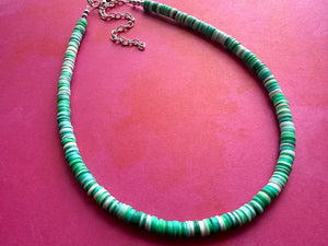 Emerald Isle Green Heishi Beaded Necklace, Colorful Jewelry, Chunky statement layering beaded necklace, color block necklace neutral white