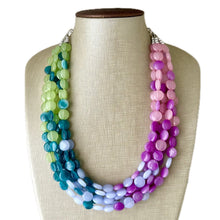 Load image into Gallery viewer, Bali Beach Resort Statement Necklace, Chunky 5 Strand Jewelry, purple pink blue necklace, bib beaded periwinkle collar blue bead lavender