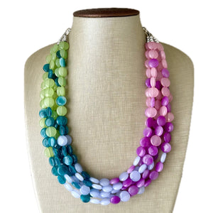 Bali Beach Resort Statement Necklace, Chunky 5 Strand Jewelry, purple pink blue necklace, bib beaded periwinkle collar blue bead lavender