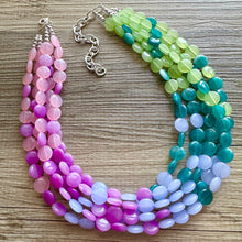 Load image into Gallery viewer, Bali Beach Resort Statement Necklace, Chunky 5 Strand Jewelry, purple pink blue necklace, bib beaded periwinkle collar blue bead lavender