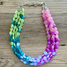 Load image into Gallery viewer, Bali Beach Resort Statement Necklace, Chunky 5 Strand Jewelry, purple pink blue necklace, bib beaded periwinkle collar blue bead lavender