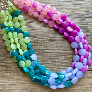 Bali Beach Resort Statement Necklace, Chunky 5 Strand Jewelry, purple pink blue necklace, bib beaded periwinkle collar blue bead lavender