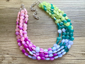 Bali Beach Resort Statement Necklace, Chunky 5 Strand Jewelry, purple pink blue necklace, bib beaded periwinkle collar blue bead lavender