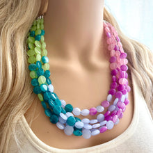 Load image into Gallery viewer, Bali Beach Resort Statement Necklace, Chunky 5 Strand Jewelry, purple pink blue necklace, bib beaded periwinkle collar blue bead lavender