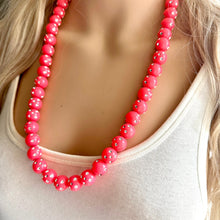 Load image into Gallery viewer, Neon Pink Long Statement Necklace, Chunky Jewelry Big Beaded jewelry, Single Strand Necklace, hot pink jewelry, rhinestone necklace silver