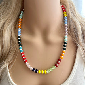 Rainbow Porcelain Block Layering Rainbow Beaded 1 Strand Necklace, Colorful Jewelry, Chunky statement jelly bean confetti silver bubble