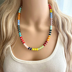 Rainbow Porcelain Block Layering Rainbow Beaded 1 Strand Necklace, Colorful Jewelry, Chunky statement jelly bean confetti silver bubble