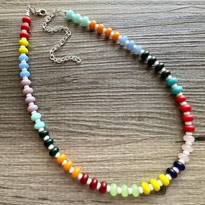 Rainbow Porcelain Block Layering Rainbow Beaded 1 Strand Necklace, Colorful Jewelry, Chunky statement jelly bean confetti silver bubble