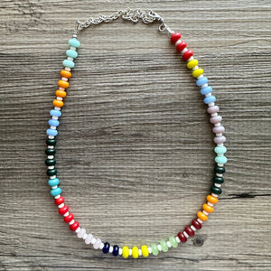 Rainbow Porcelain Block Layering Rainbow Beaded 1 Strand Necklace, Colorful Jewelry, Chunky statement jelly bean confetti silver bubble