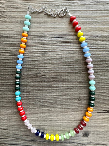 Rainbow Porcelain Block Layering Rainbow Beaded 1 Strand Necklace, Colorful Jewelry, Chunky statement jelly bean confetti silver bubble