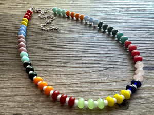 Rainbow Porcelain Block Layering Rainbow Beaded 1 Strand Necklace, Colorful Jewelry, Chunky statement jelly bean confetti silver bubble