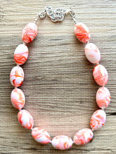 Load image into Gallery viewer, Red Orange &amp; White Necklace, single strand jewelry, big beaded chunky statement necklace, red resin swirl bridesmaid necklace, bib necklace