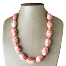 Load image into Gallery viewer, Red Orange &amp; White Necklace, single strand jewelry, big beaded chunky statement necklace, red resin swirl bridesmaid necklace, bib necklace