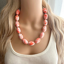 Load image into Gallery viewer, Red Orange &amp; White Necklace, single strand jewelry, big beaded chunky statement necklace, red resin swirl bridesmaid necklace, bib necklace