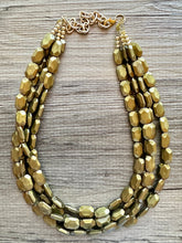 Load image into Gallery viewer, Metallic Olive Statement Necklace, Chunky 4 Strand Jewelry, dark green necklace, bib beaded collar green bead dark grass forest emerald