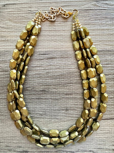 Metallic Olive Statement Necklace, Chunky 4 Strand Jewelry, dark green necklace, bib beaded collar green bead dark grass forest emerald