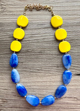 Load image into Gallery viewer, Yellow Sunshine &amp; Royal Blue Cream Chunky Statement Necklace, Big beaded jewelry Bib necklace, yellow bridesmaid wedding