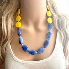 Load image into Gallery viewer, Yellow Sunshine &amp; Royal Blue Cream Chunky Statement Necklace, Big beaded jewelry Bib necklace, yellow bridesmaid wedding