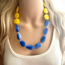 Load image into Gallery viewer, Yellow Sunshine &amp; Royal Blue Cream Chunky Statement Necklace, Big beaded jewelry Bib necklace, yellow bridesmaid wedding