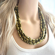Load image into Gallery viewer, Metallic Olive Statement Necklace, Chunky 4 Strand Jewelry, dark green necklace, bib beaded collar green bead dark grass forest emerald