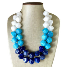Load image into Gallery viewer, Blue Ombré statement necklace, chunky light blue necklace earrings, royal bib necklace, aqua turquoise jewelry, beaded blue necklace jewelry