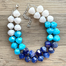 Load image into Gallery viewer, Blue Ombré statement necklace, chunky light blue necklace earrings, royal bib necklace, aqua turquoise jewelry, beaded blue necklace jewelry