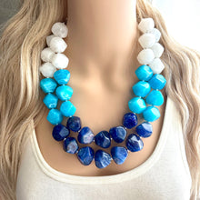 Load image into Gallery viewer, Blue Ombré statement necklace, chunky light blue necklace earrings, royal bib necklace, aqua turquoise jewelry, beaded blue necklace jewelry