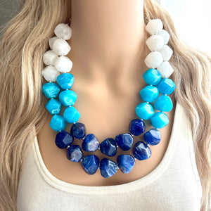 Blue Ombré statement necklace, chunky light blue necklace earrings, royal bib necklace, aqua turquoise jewelry, beaded blue necklace jewelry