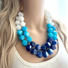 Load image into Gallery viewer, Blue Ombré statement necklace, chunky light blue necklace earrings, royal bib necklace, aqua turquoise jewelry, beaded blue necklace jewelry
