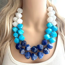 Load image into Gallery viewer, Blue Ombré statement necklace, chunky light blue necklace earrings, royal bib necklace, aqua turquoise jewelry, beaded blue necklace jewelry