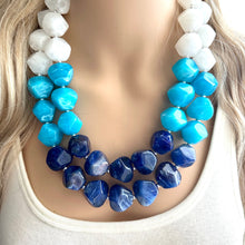Load image into Gallery viewer, Blue Ombré statement necklace, chunky light blue necklace earrings, royal bib necklace, aqua turquoise jewelry, beaded blue necklace jewelry