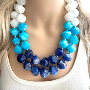 Blue Ombré statement necklace, chunky light blue necklace earrings, royal bib necklace, aqua turquoise jewelry, beaded blue necklace jewelry