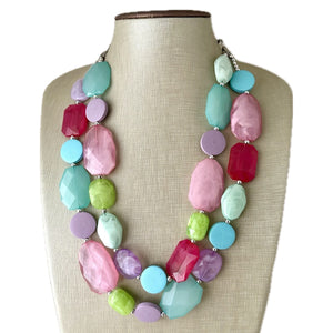 Unicorn Garden Chunky Statement Necklace, Big beaded jewelry, Double Strand pink purple Bib lime mint green bridesmaid wedding