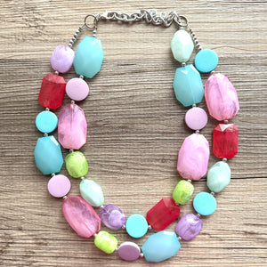 Unicorn Garden Chunky Statement Necklace, Big beaded jewelry, Double Strand pink purple Bib lime mint green bridesmaid wedding
