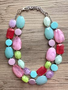 Unicorn Garden Chunky Statement Necklace, Big beaded jewelry, Double Strand pink purple Bib lime mint green bridesmaid wedding