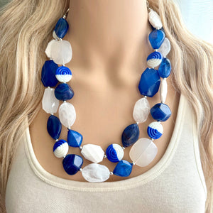 Blue Ombre Necklace, Double strand jewelry, big beaded chunky statement royal blue denim white, blue ombre, blue bridesmaid, blue jewelry
