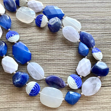 Load image into Gallery viewer, Blue Ombre Necklace, Double strand jewelry, big beaded chunky statement royal blue denim white, blue ombre, blue bridesmaid, blue jewelry