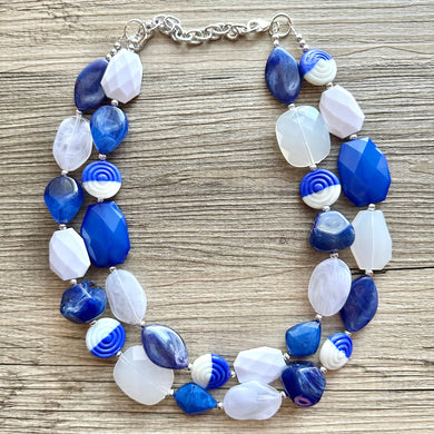 Blue Ombre Necklace, Double strand jewelry, big beaded chunky statement royal blue denim white, blue ombre, blue bridesmaid, blue jewelry