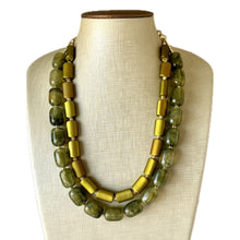 Load image into Gallery viewer, Olive Green Chunky Statement Necklace, Big beaded jewelry, Double Strand Statement Necklace, Bib necklace, gold bridesmaid wedding earrings