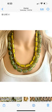 Load image into Gallery viewer, Olive Green Chunky Statement Necklace, Big beaded jewelry, Double Strand Statement Necklace, Bib necklace, gold bridesmaid wedding earrings