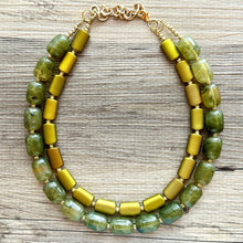 Load image into Gallery viewer, Olive Green Chunky Statement Necklace, Big beaded jewelry, Double Strand Statement Necklace, Bib necklace, gold bridesmaid wedding earrings