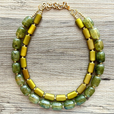 Olive Green Chunky Statement Necklace, Big beaded jewelry, Double Strand Statement Necklace, Bib necklace, gold bridesmaid wedding earrings