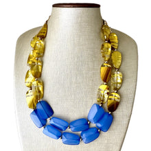 Load image into Gallery viewer, Gold &amp; Blue Big Bead Necklace, multi Strand Statement Jewelry, layered chain Chunky bib, bridesmaid necklace beaded painted yellow